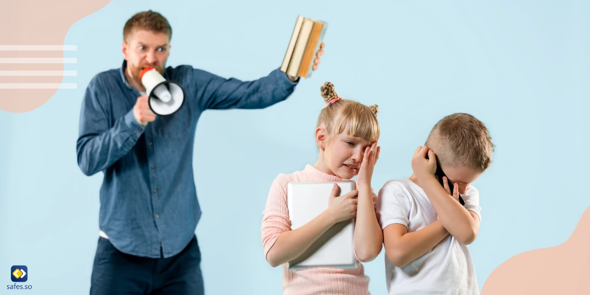 Angry father scolding his daughter and son and tries to control them