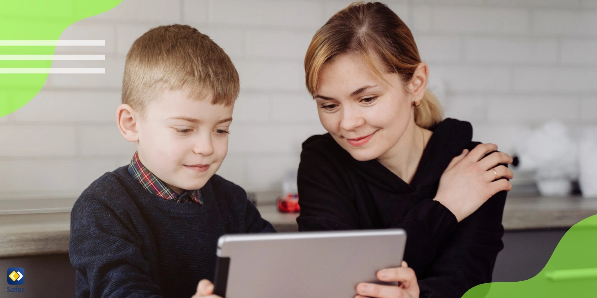 Mother teaching her son how to use emails safely and securely