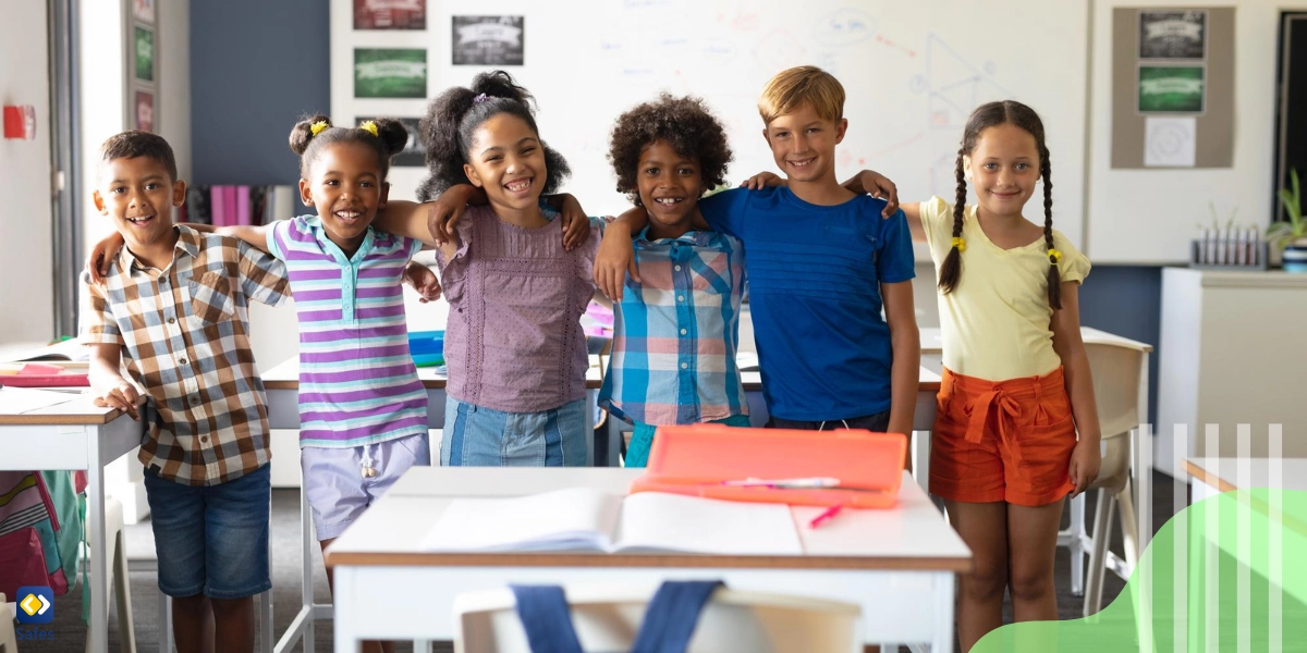 Multiracial class of young students embracing each other