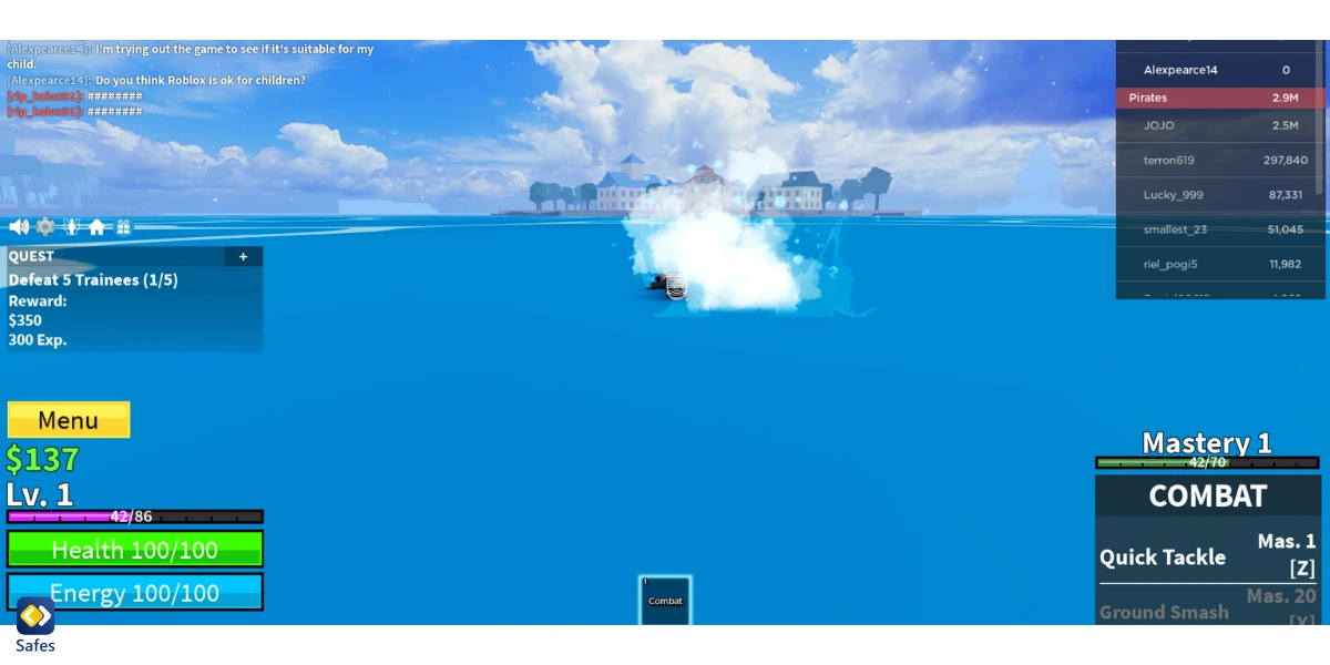 Screenshot of Roblox chat and gameplay