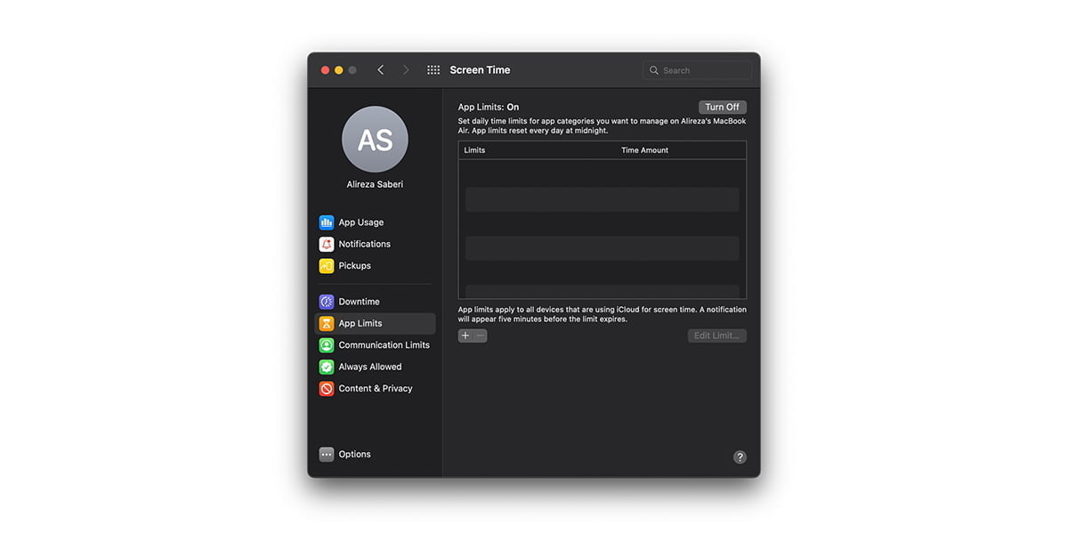 screenshot of app limits window on mac