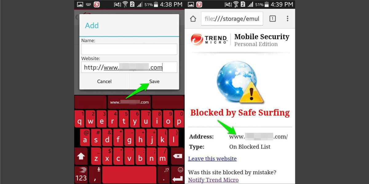 The Mobile Security page where you add websites you want to block alongside a screenshot of a website access attempt blocked by Mobile Security