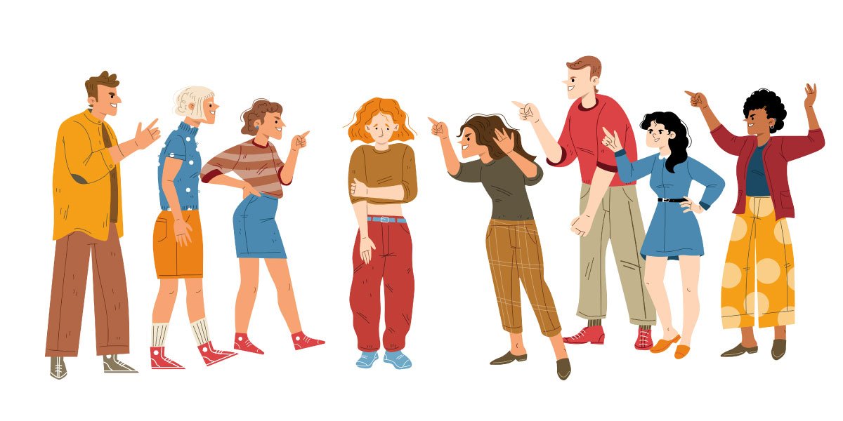 Animation of a teenage girl standing desperately, while a group of teenagers bully her