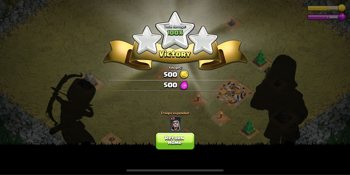 The screen of Clash of Clans, showing that the player has won the combat