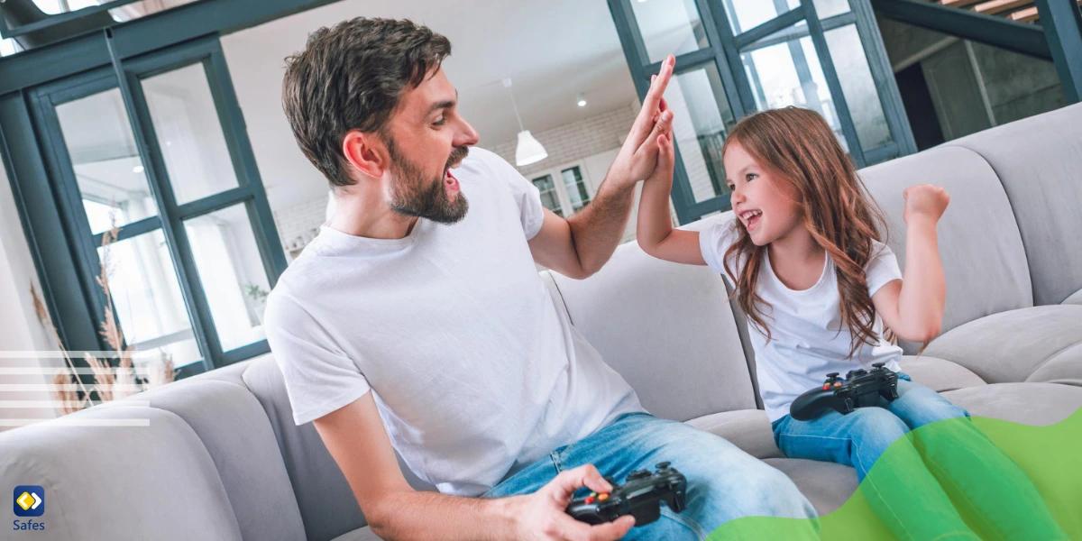 Father and daughter playing Minecraft in multiplayer mode as a family activity