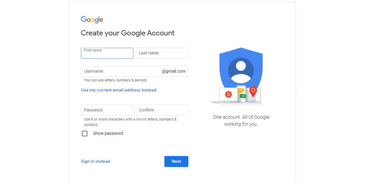 A page where you can create a Google account