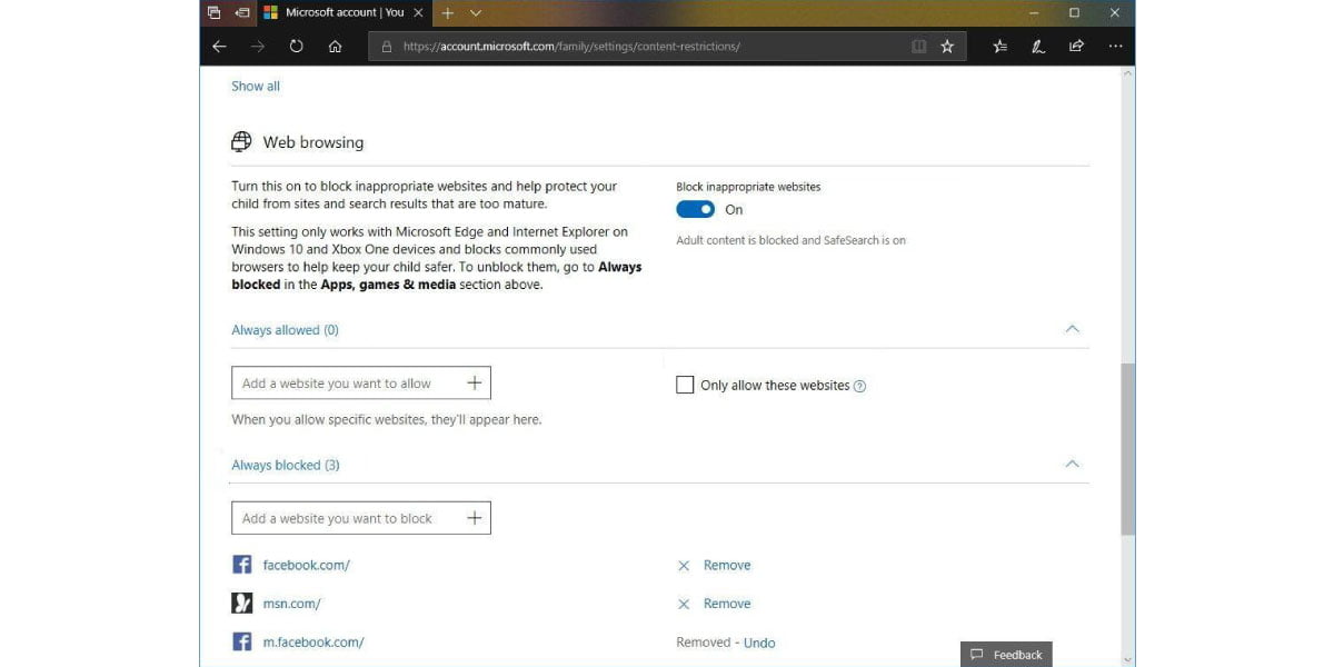 The web browsing page in Microsoft Edge's settings