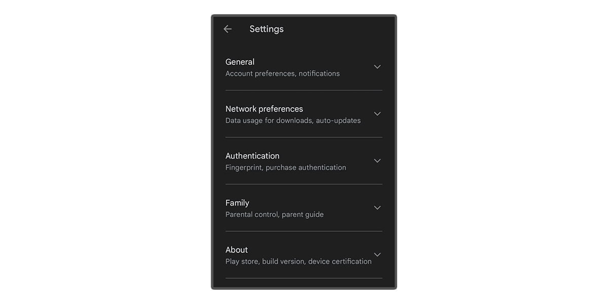 Screenshot of Google Play's settings