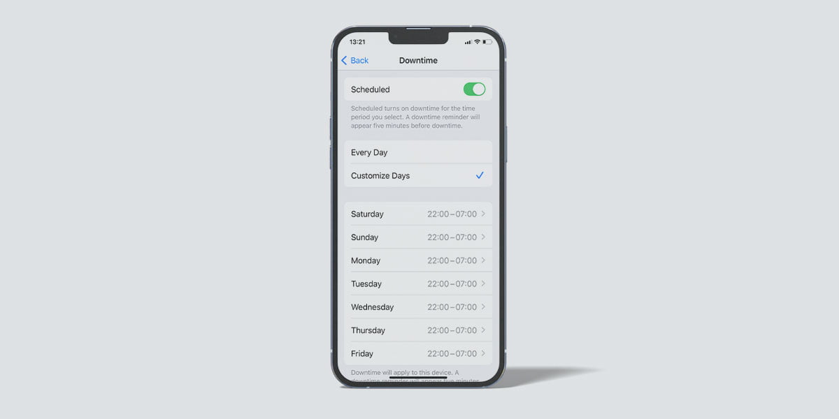 screenshot of setting downtime schedule on iPhone