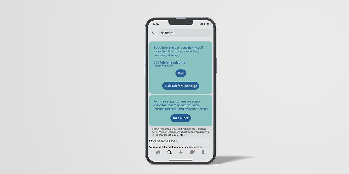 Pinterest's search bar written selfharm in it, showing advice for help as result