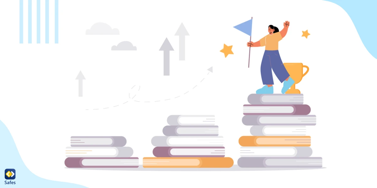 Self-development concept student with a flag in hand stands on top of books pile