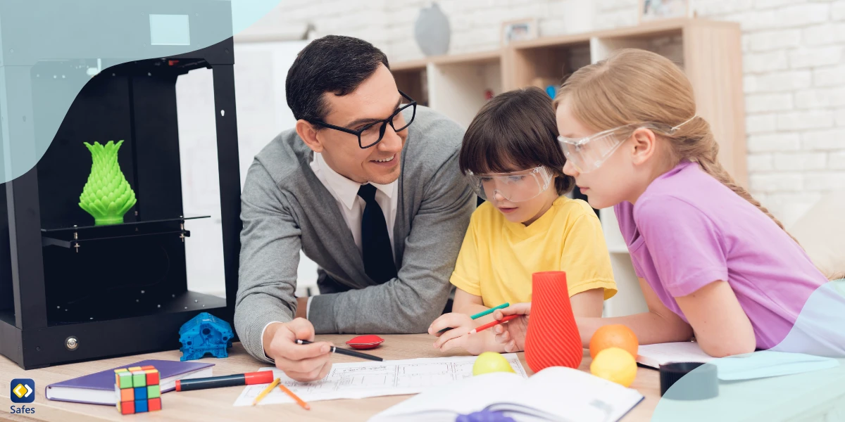 Teacher in science lab with goggles on with students