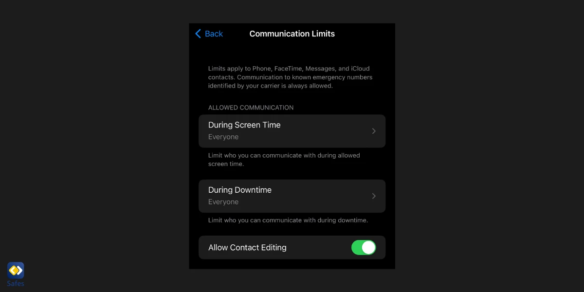 Screenshot of Communication Limits page