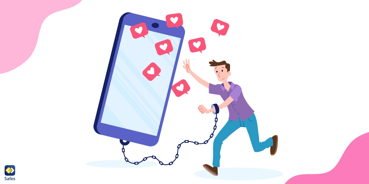 An illustration of a teenager enchained to a phone chasing it to gain more likes from the users