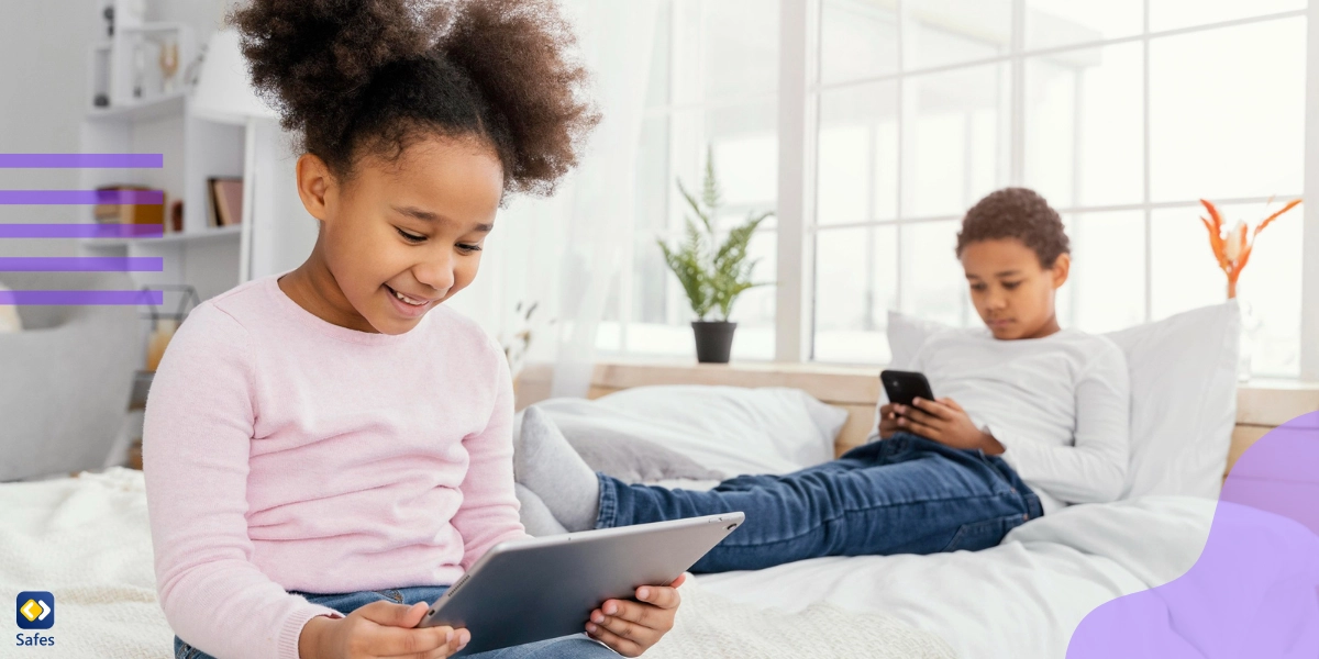 Little girl and boy each holding a phone and being overloaded with information