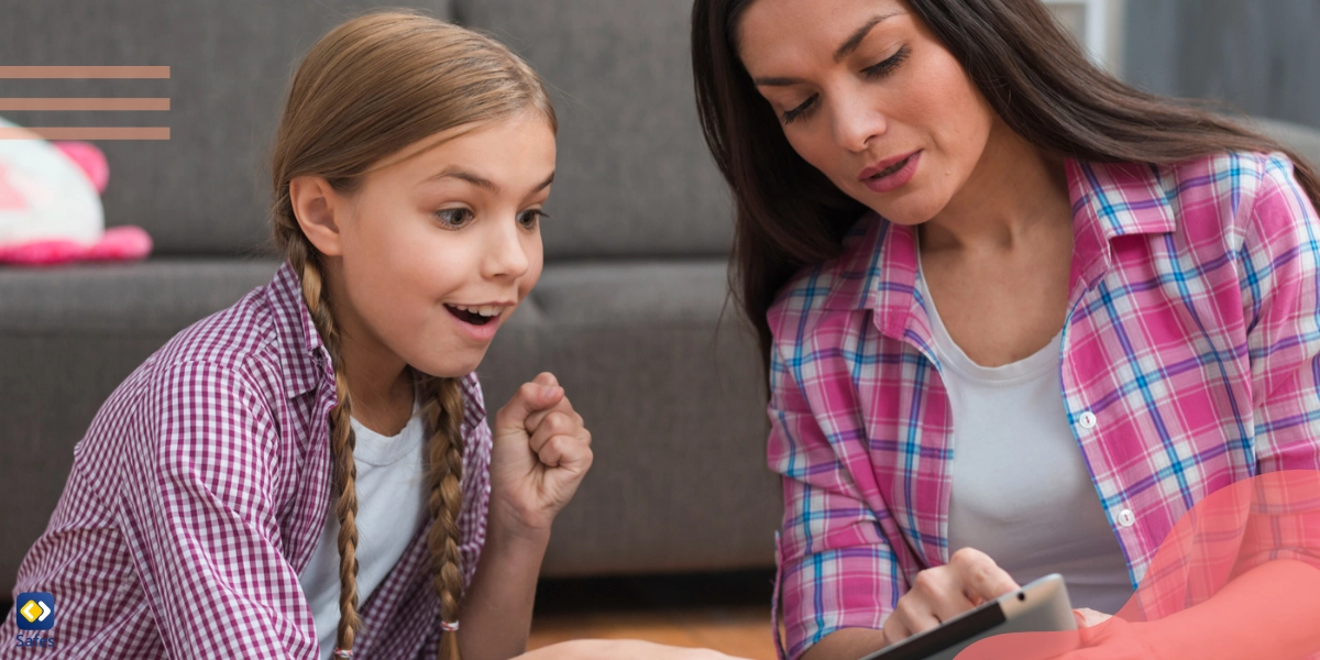 Mom and child talking while holding a tablet