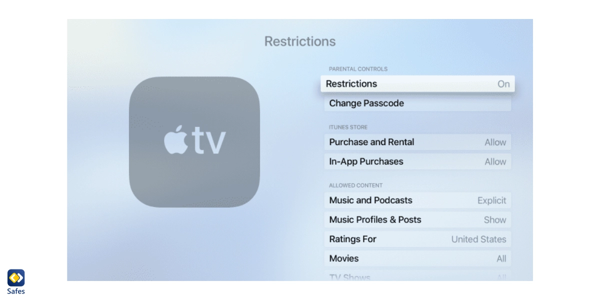 Screenshot of the Restriction section on Apple TV parental controls