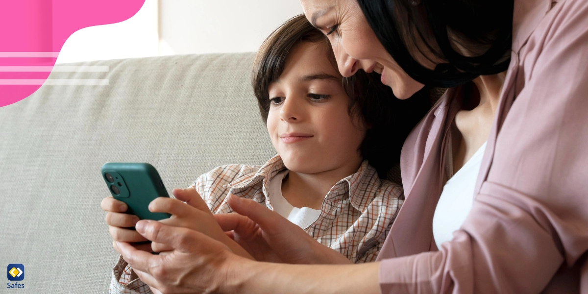 Mother supervising her son’s social media use to help him avoid harmful social media challenges