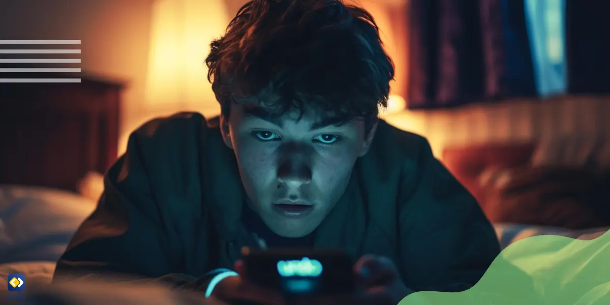 Teenage boy suffering from gaming addiction hooked on playing video games late at night]