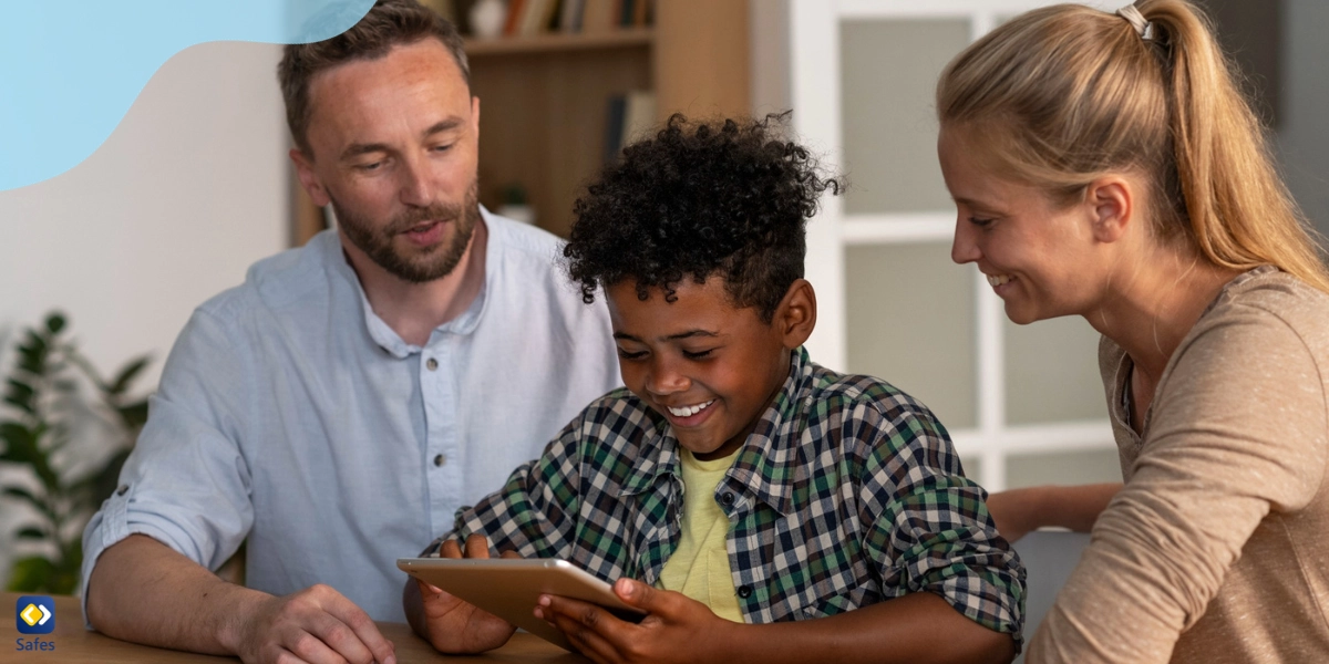 Parents using phone with adopted child