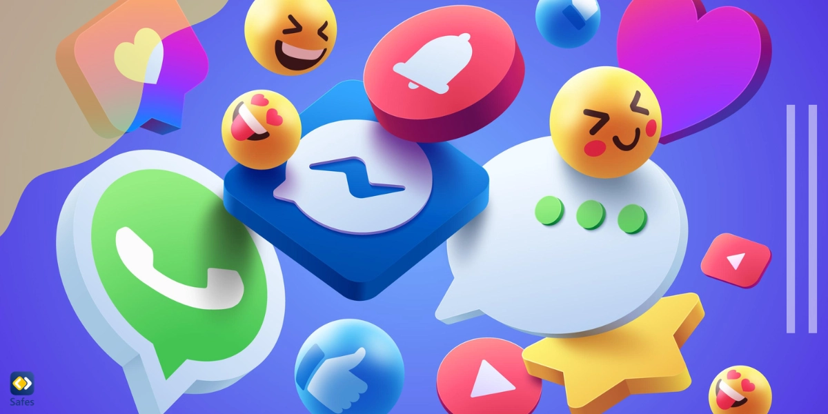 A set of friendly emojis among the icons of social media apps