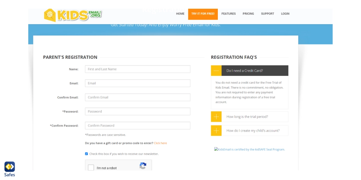 Screenshot of KidsEmail parent registration