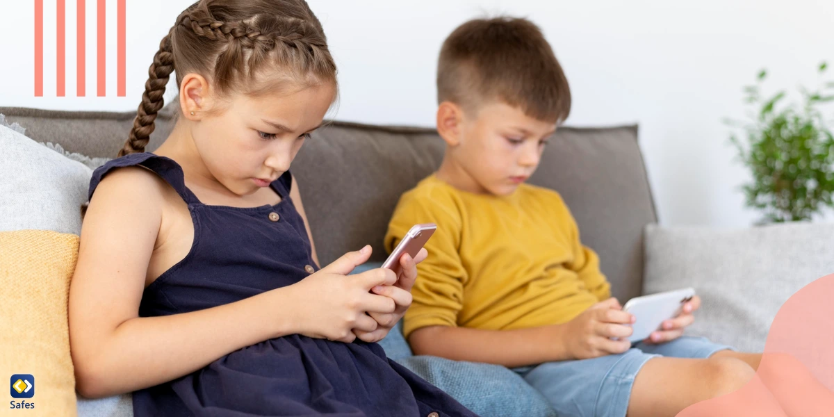 Two kids sitting on a couch, playing and texting on their mobile phones. Too much screen time is one of the main causes of play deprivation.