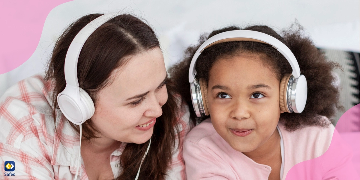 A mother and daughter listening to a fun podcast together.