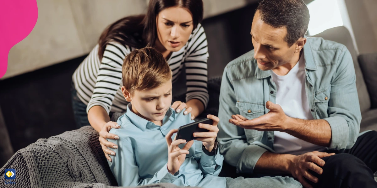 Parents, concerned about the amount of time their son spends on Candy Crush Saga, trying to convince him to stop playing.