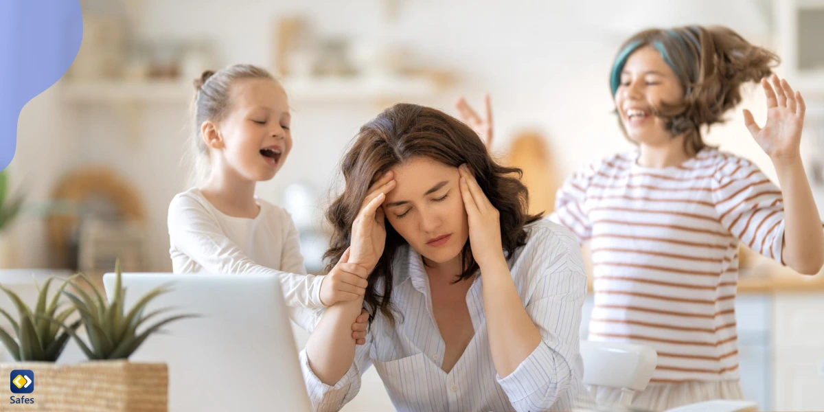 Mother feeling overwhelmed by her parenting duties and having to work