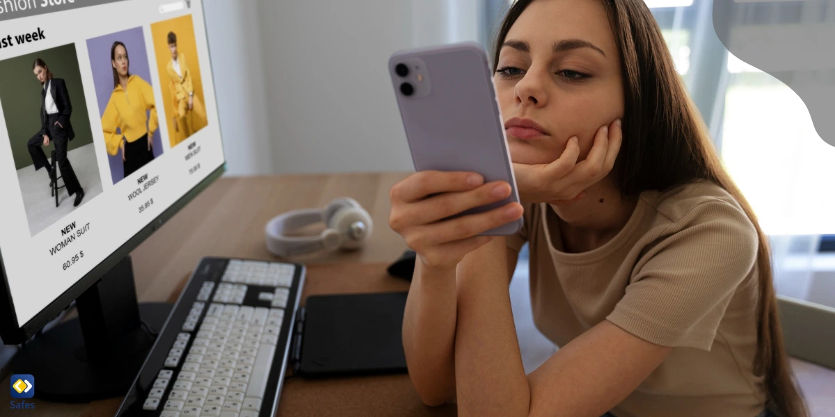 A girl looking at her smartphone, concerned about her appearance in a selfie she has just taken.