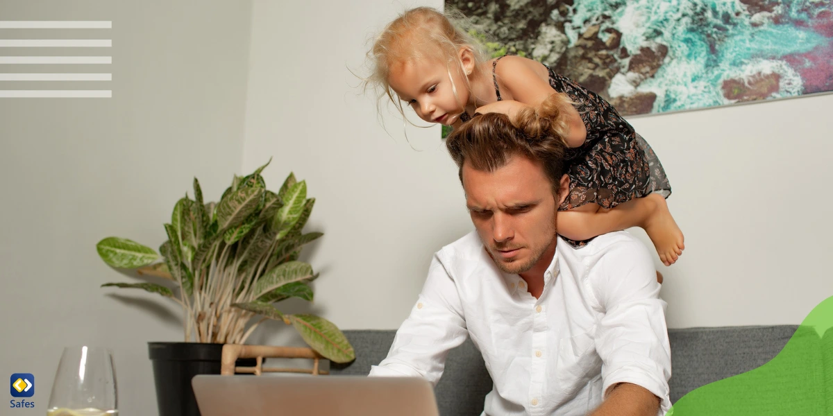 A father busy with work, ignoring his daughter who wants to play.