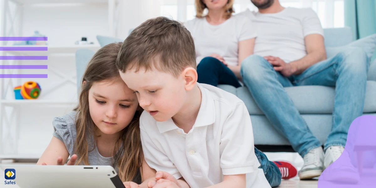 Parents monitoring their children, who are using a tablet together.