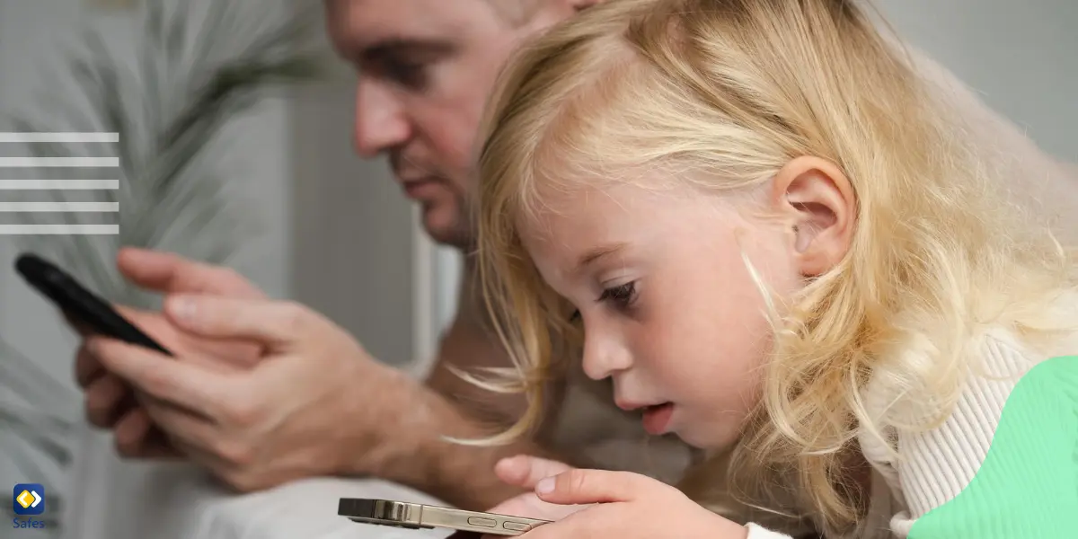 a young girl surfing the net and her father checking her browsing history through his phone using a parental control app