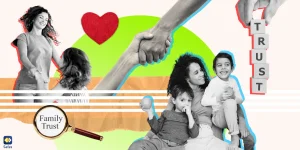 A collage depicting the theme of trust act, featuring a variety of images such as parent and kids holding hands.