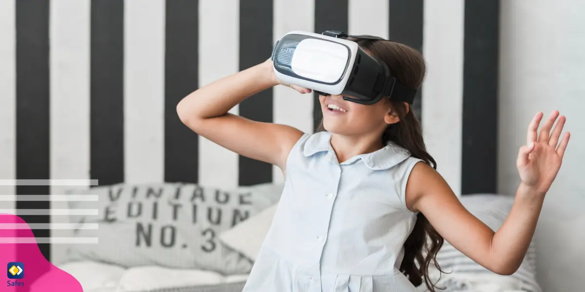 a young girl putting on a VR headset and exploring the virtual reality world and having fun.