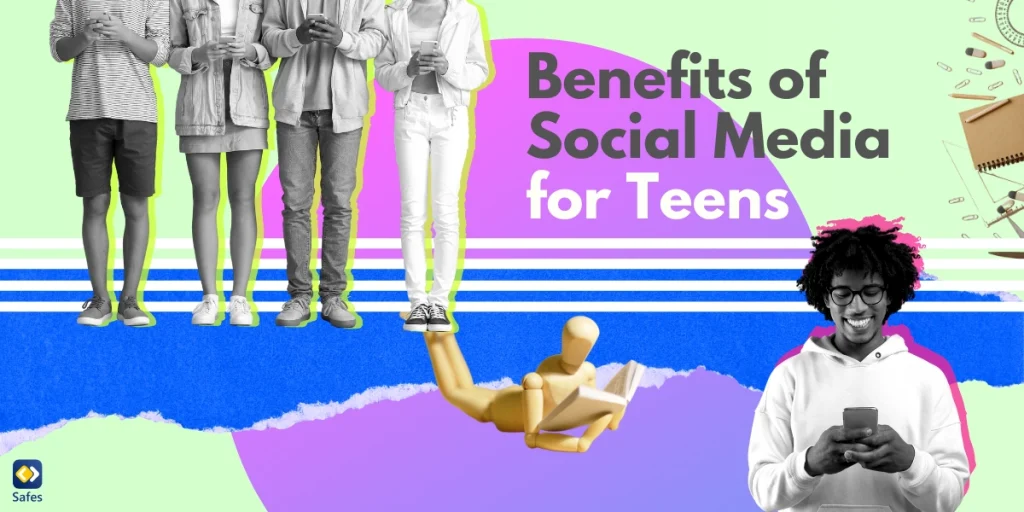 A collage depicting the theme of benefits of social media for teens, featuring a variety of images such as a group of teens using their phones.