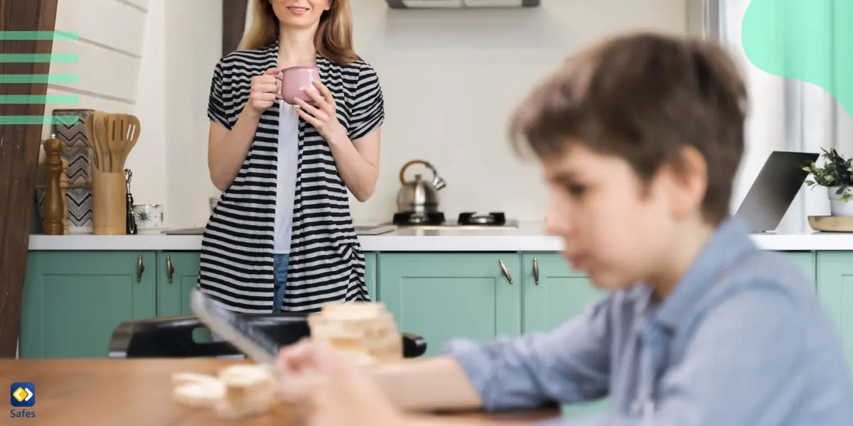 a boy is watching something on his tablet while his mother is checking him, controlling his activities