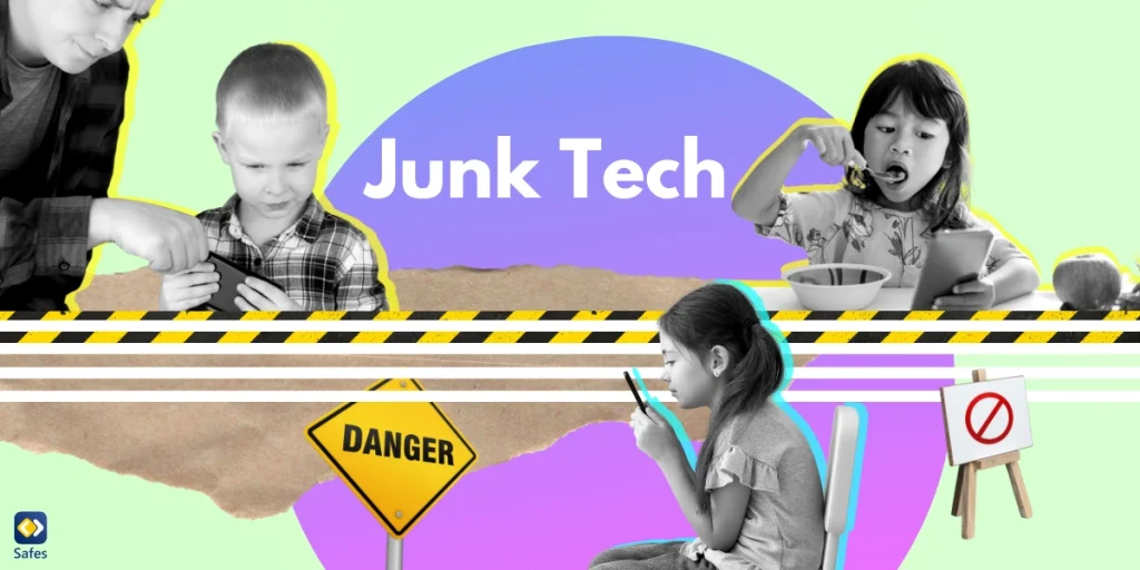 A collage depicting the theme of junk tech, featuring a variety of images such as kids looking at their phones.