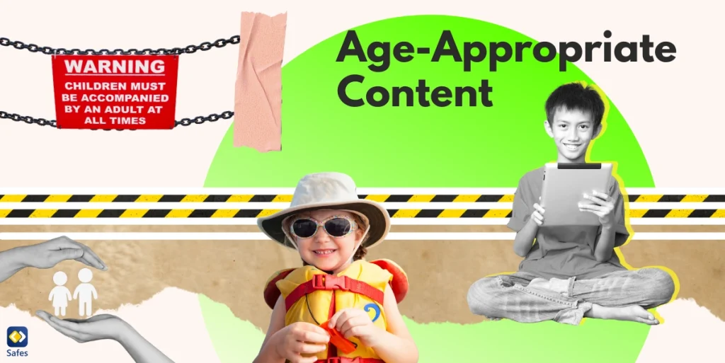 A collage depicting the theme of age appropriate content , featuring a variety of images such as a kid with a tablet.