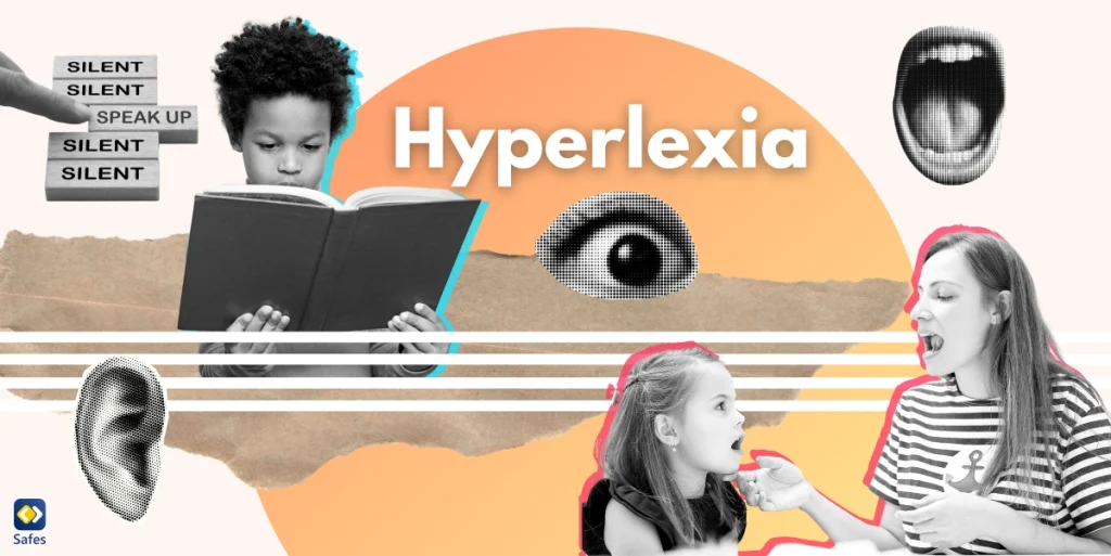 A collage depicting the theme of signs of hyperlexia, featuring a variety of images such as .