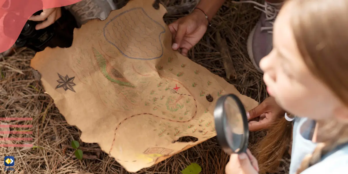 Kids engaging in a geocaching adventure, using a map and a magnifying glass.