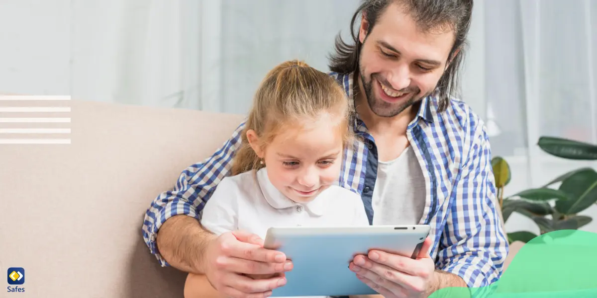 a father is helping her daughter explore Chrome responsibly and safely by monitoring her device