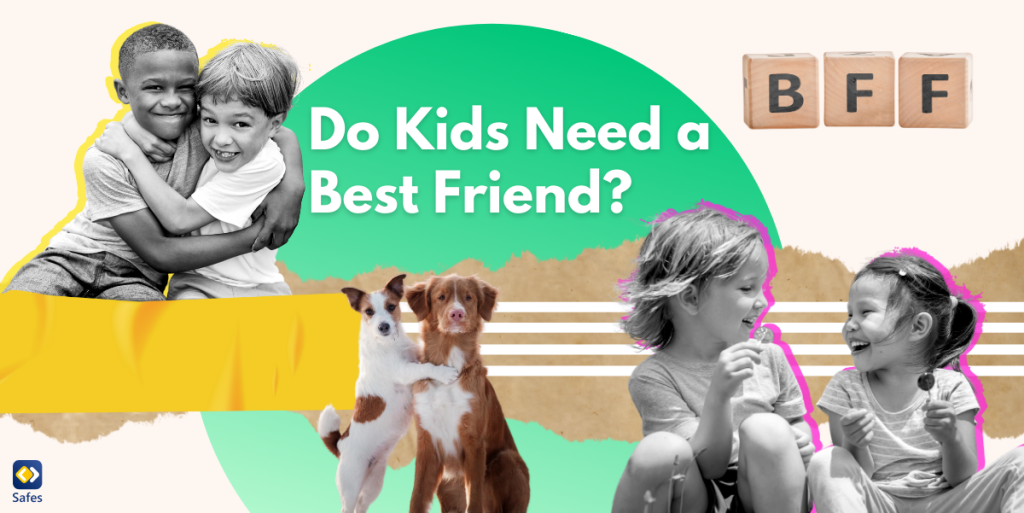 A collage depicting the theme of do kids need a best friend, featuring a variety of images such as kids hugging each other.