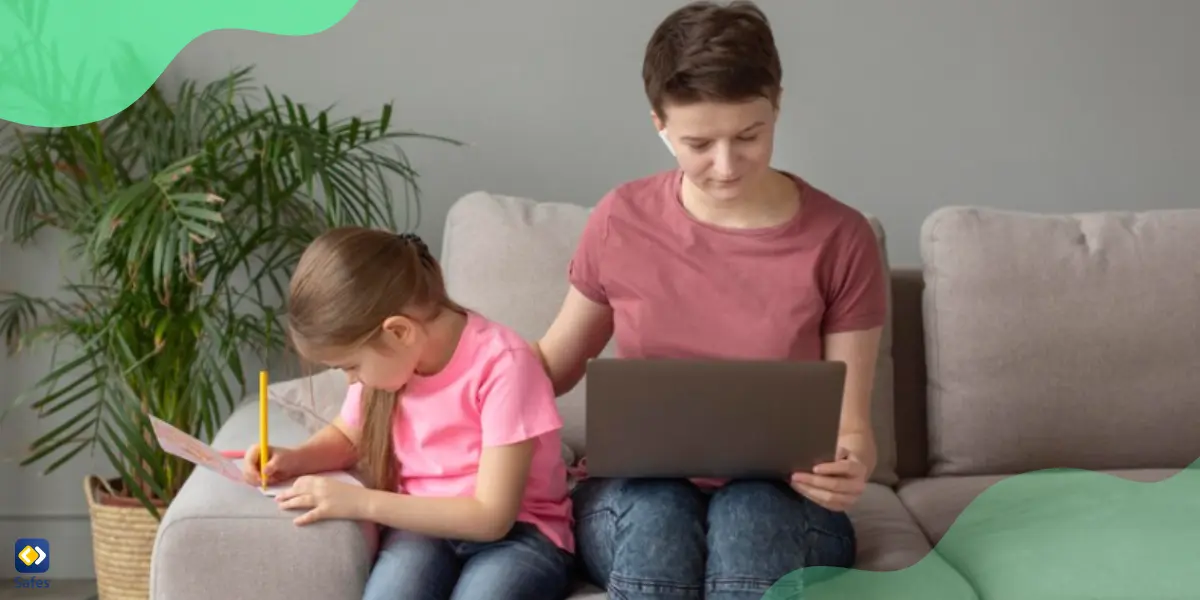 a mother is checking her daughter's browsing history using a laptop while her daughter is sitting next to her drawing something