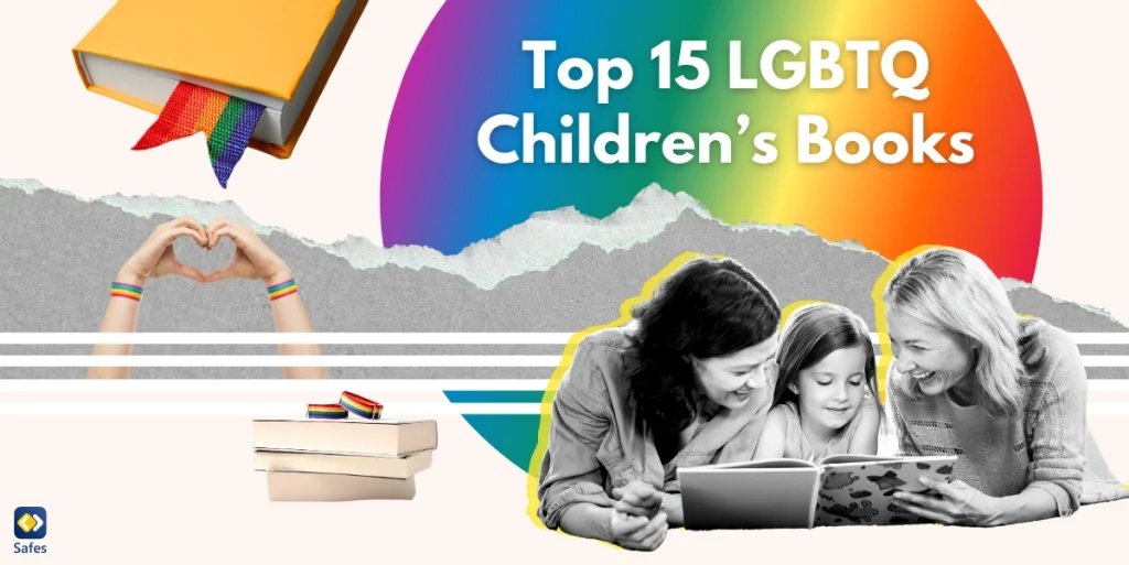 A collage depicting the theme of LGBTQ children's books, featuring a variety of images such as two mothers reading a book alongside their daughter.