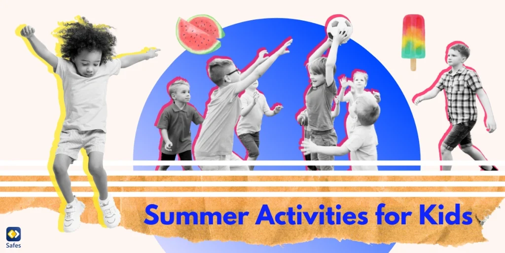 A collage depicting the theme of summer activities for kids, featuring a variety of images such as kids playing and having fun.