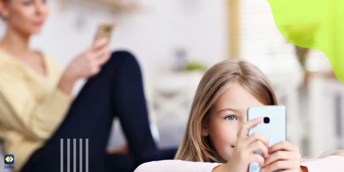 a young girl texting someone on her phone while her mother is behind her, checking her daughter’s phone