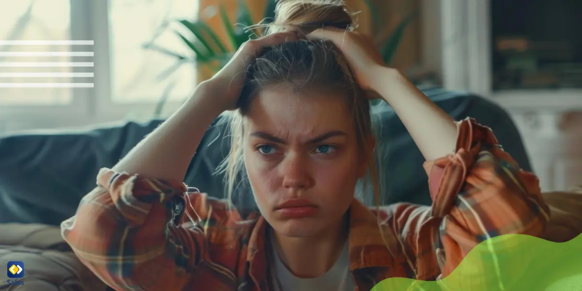 a girl sitting on a couch with their hands on their head showing signs of frustration or anxiety