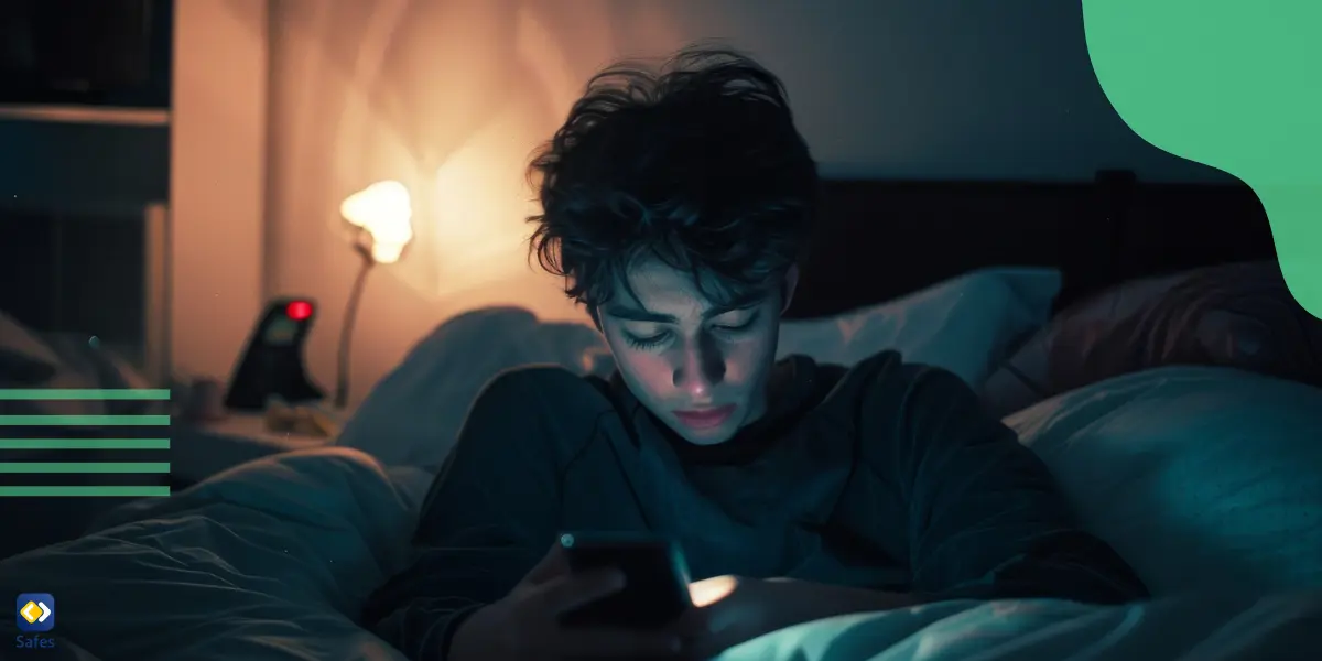 a teen boy dealing with chronic masturbation on his bed at night and watching an inappropriate content on his phone